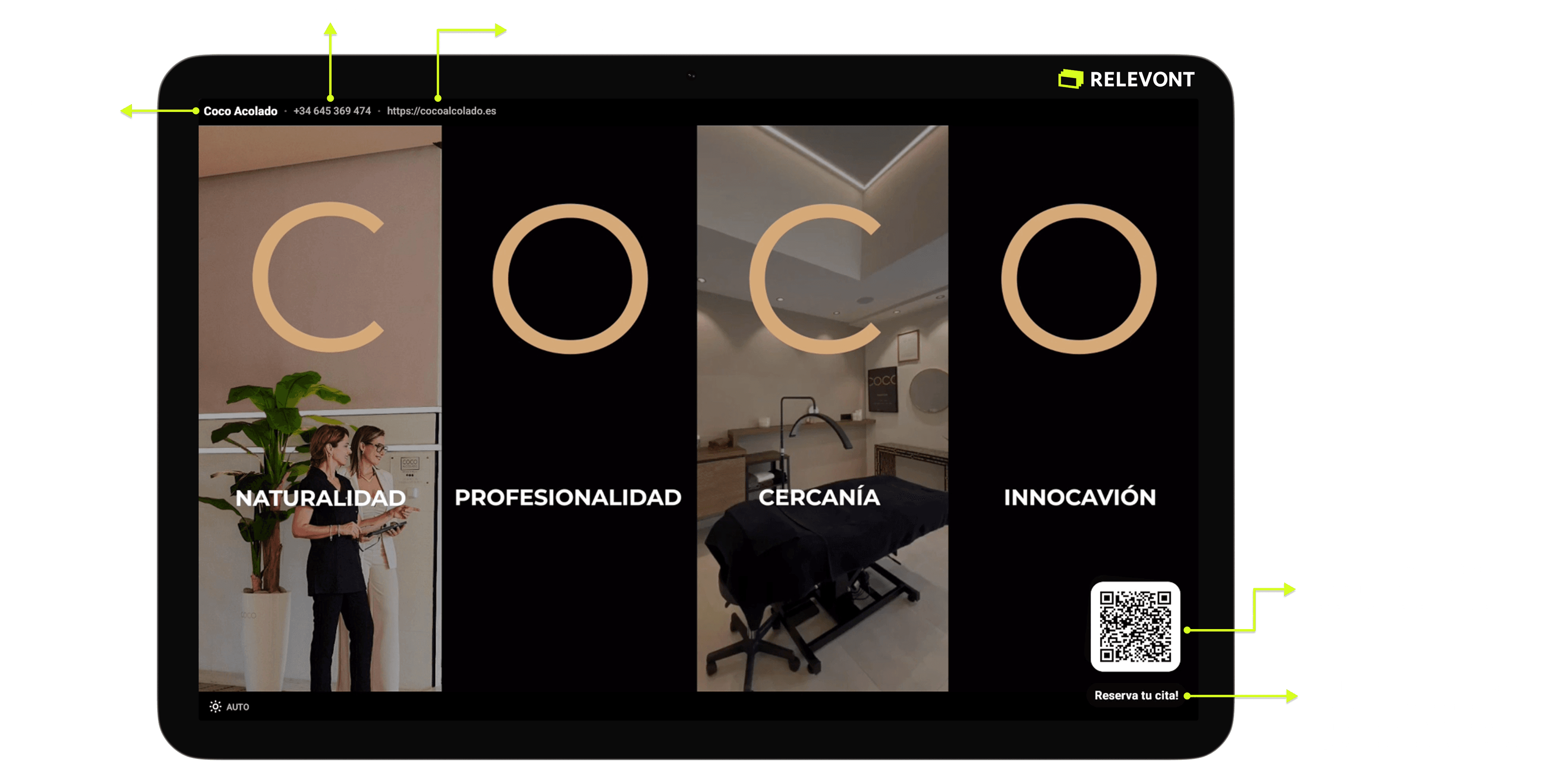 Ejemplo de anuncio en tablet de taxi Relevont con anotaciones: nombre del negocio, teléfono, web, código QR y llamada a la acción